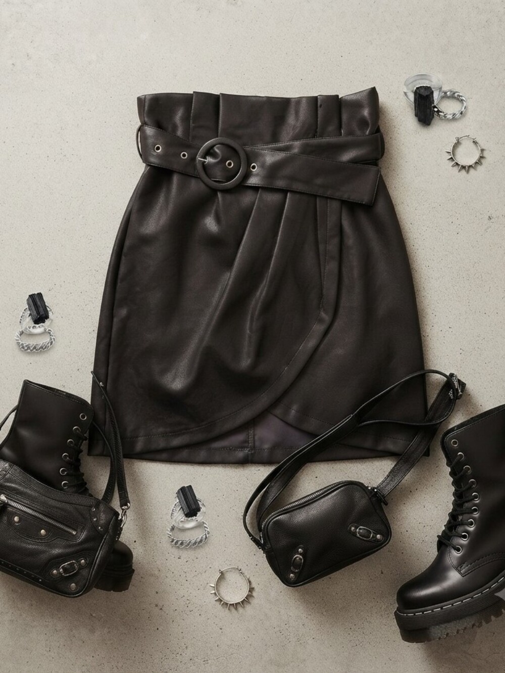 Main Strip Black Belted Faux Leather Skirt